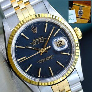 ROLEX MENS DATEJUST WATCH GOLD STEEL FACTORY BLUE DIAL FLUTED 36MM 16233